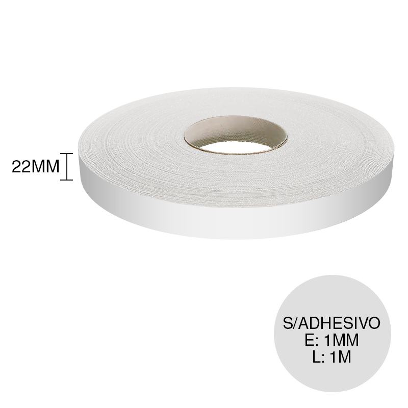 Canto ABS sin adhesivo blanco brillante 1mm x 22mm x 1m