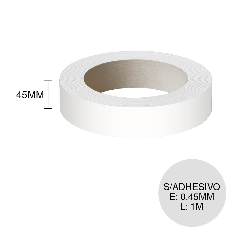 Canto ABS sin adhesivo blanco everest 0.45mm x 45mm x 1m
