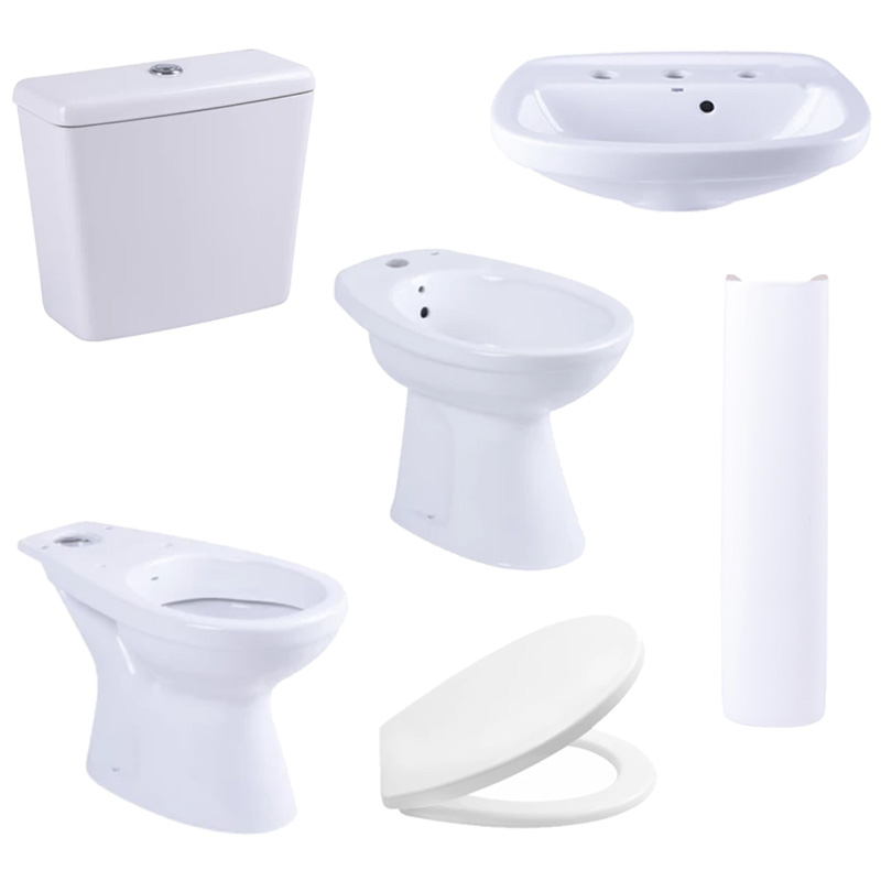 Combo IX Capea Italiana inodoro largo deposito apoyo bidet 1 agujero lavatorio 3 agujeros columna tapa asiento blancos