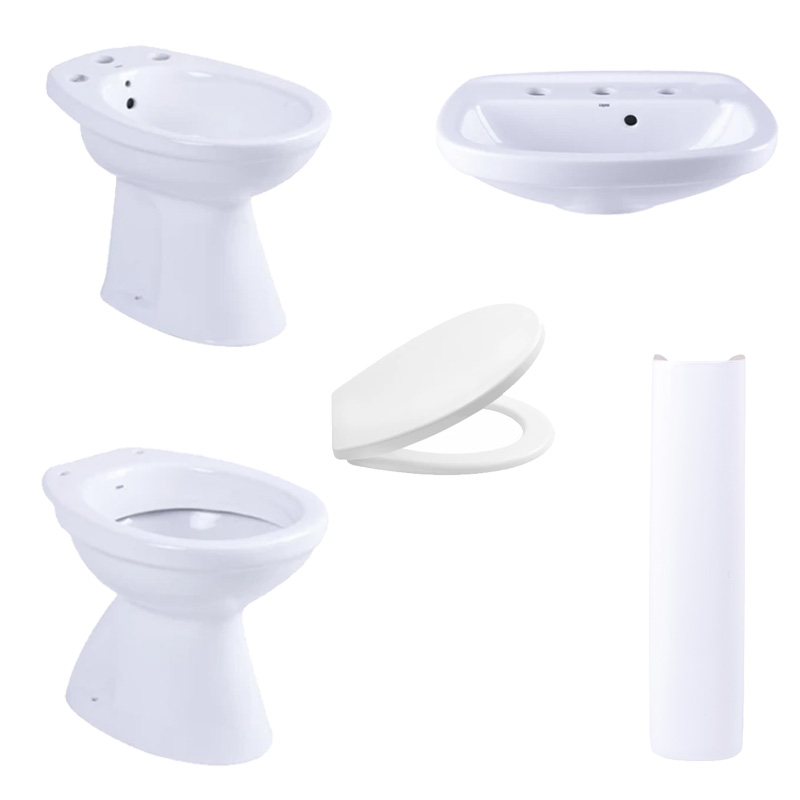 Combo III Capea Italiana inodoro corto bidet 3 agujeros lavatorio 3 agujeros columna tapa asiento blancos