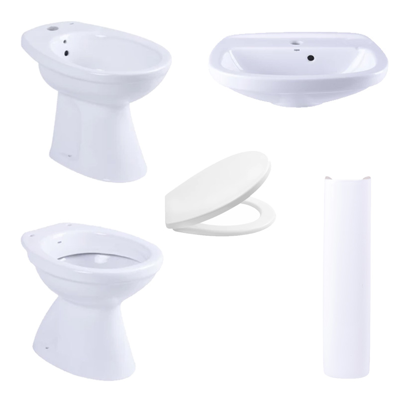 Combo IV Capea Italiana inodoro corto bidet 1 agujero lavatorio 1 agujero columna tapa asiento blancos