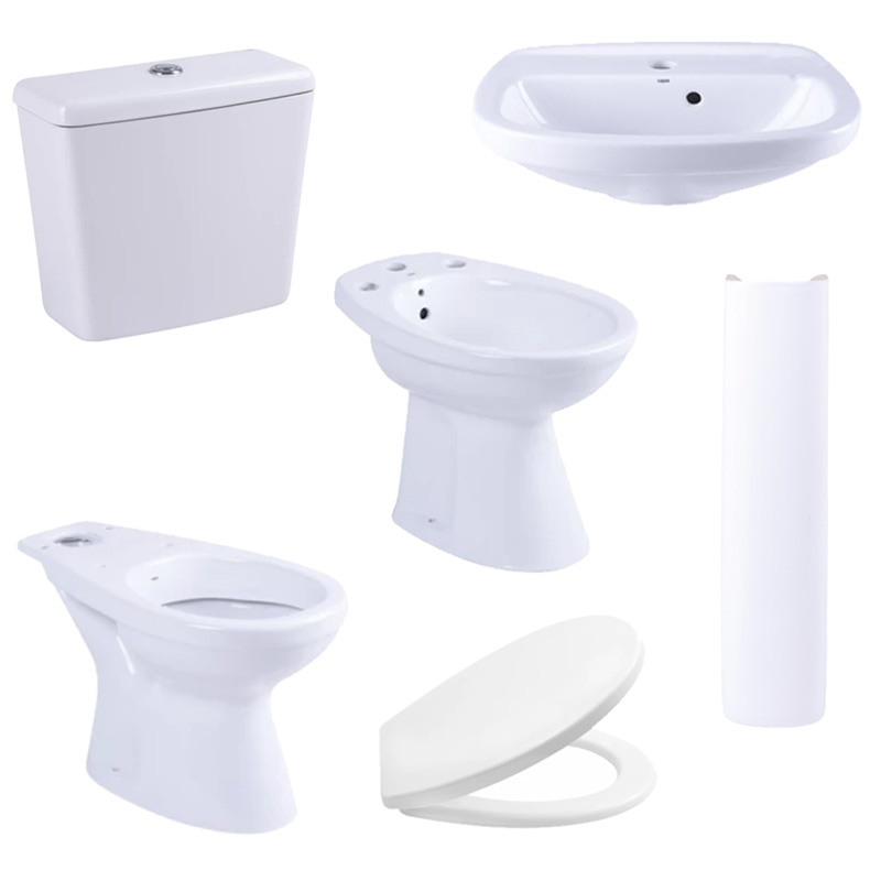 Combo X Capea italiana inodoro largo deposito apoyo bidet 3 agujeros lavatorio 1 agujero columna tapa asiento blancos