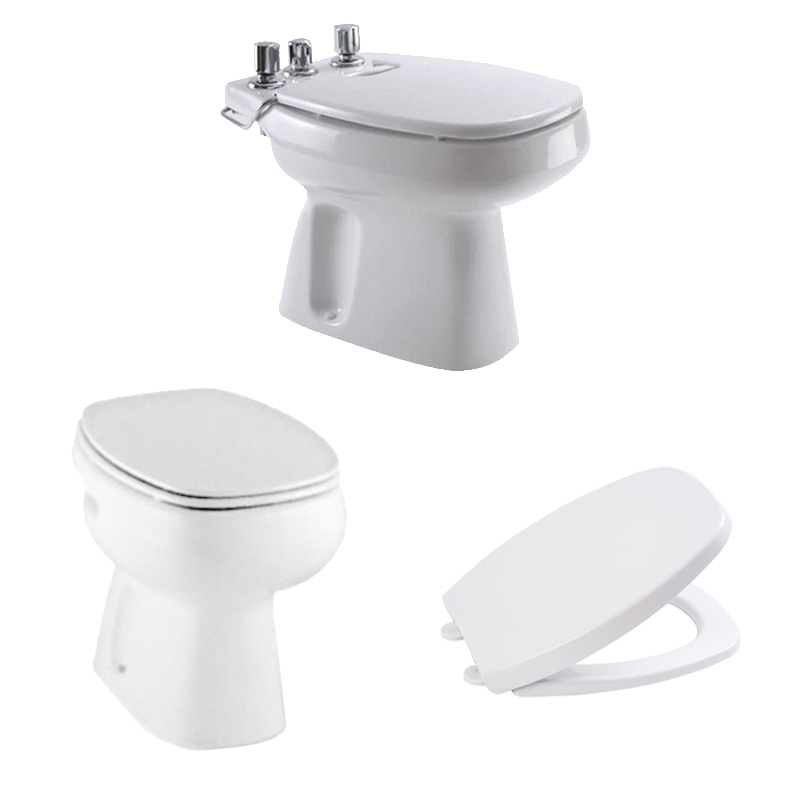 Combo XII Monaco inodoro corto bidet 3 agujeros tapa asiento blancos