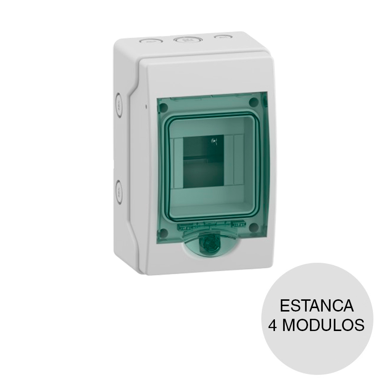 Caja estanca sobreponer p/4 modulos DIN Kaedra IP65 puerta verde 112mm x 123mm x 200mm