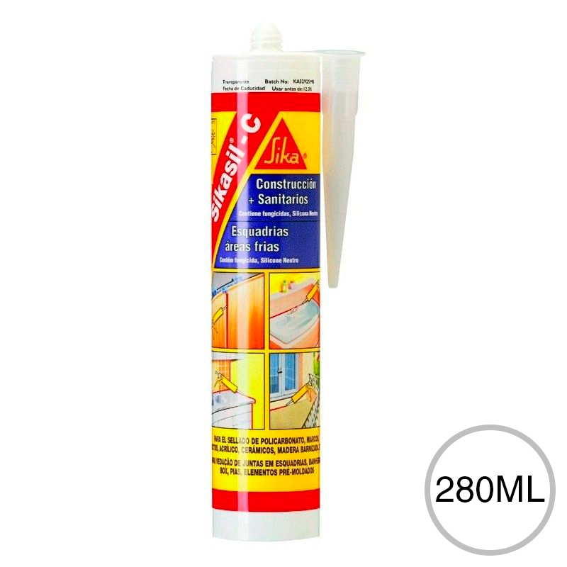 Sellador aplicaciones sanitarias y construccion silicona Sikasil c curado neutro transparente cartucho x 280ml