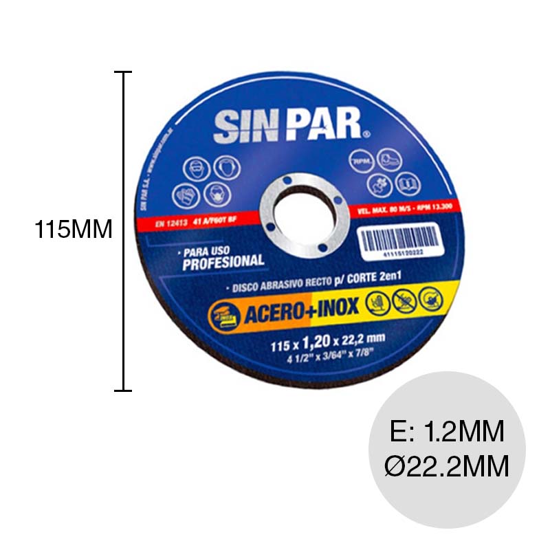 Disco amoladora corte metal 1.2mm x ø 22.2mm x ø 115mm