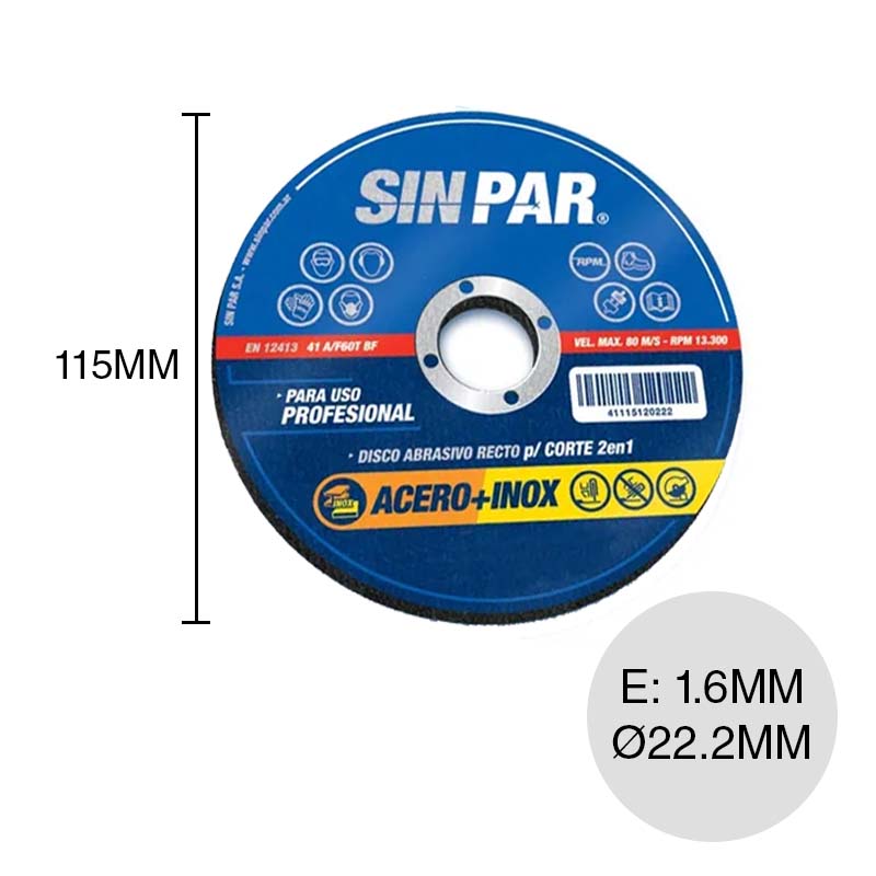 Disco amoladora corte metal 1.6mm x ø 22.2mm x ø 115mm