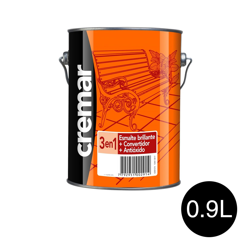 Esmalte sintetico convertidor antioxido 3 en 1 Cremar exterior interior negro brillante lata x 0.9l
