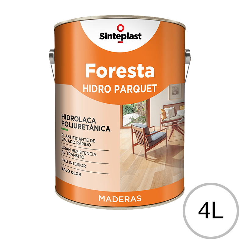 Hidrolaca poliuretanica pisos madera Foresta Hidro Parquet interior brillante lata x 4l