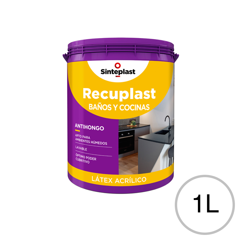 Pintura latex acrilico Recuplast Baños y Cocinas antihongos blanco satinado balde x 1l