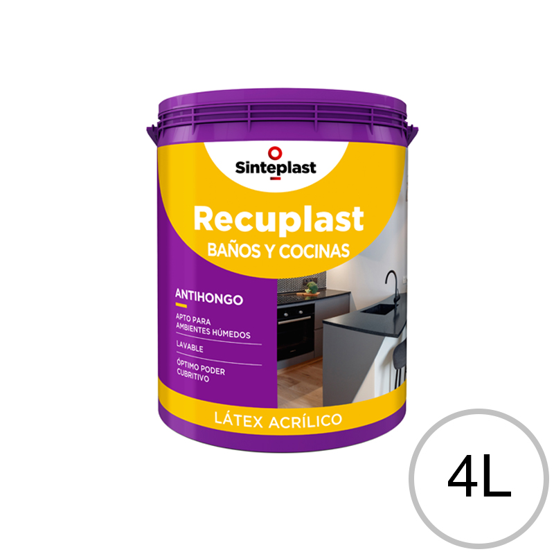 Pintura latex acrilico Recuplast Baños y Cocinas antihongos blanco satinado balde x 4l
