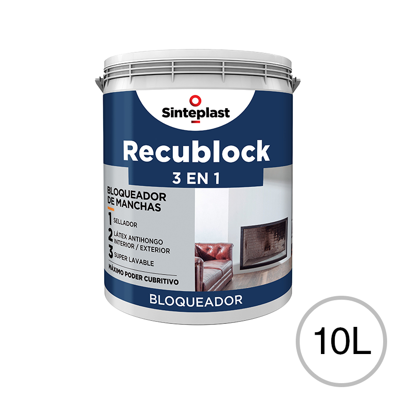 Bloqueador sellador latex antihongos acrilico Recublock 3 en 1 exterior interior blanco mate balde x 10l