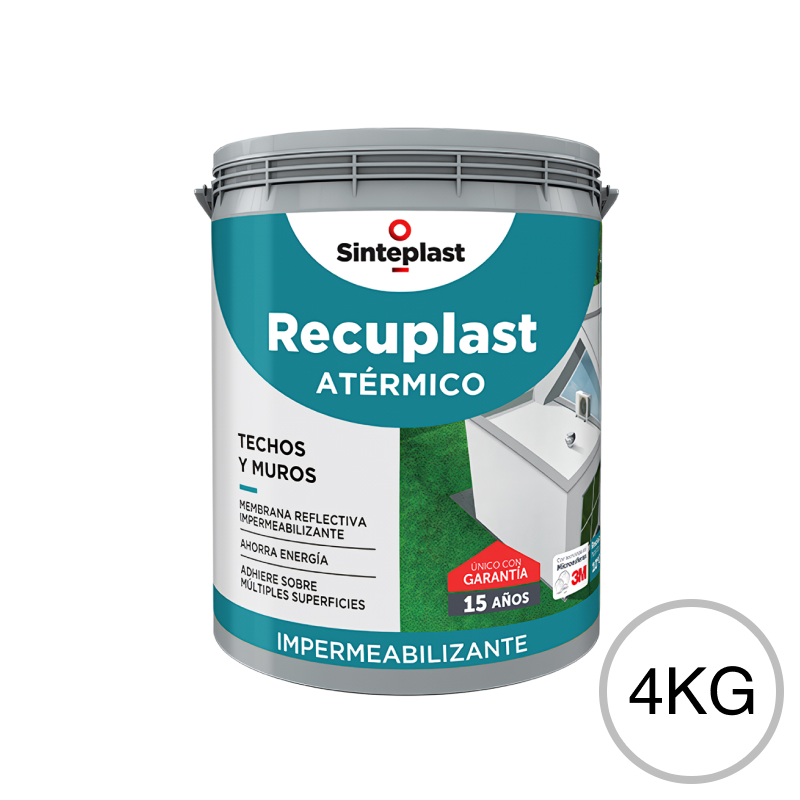 Membrana acrilica reflectiva impermeabilizante Recuplast Atermico techos y muros blanco mate sedoso balde x 4kg