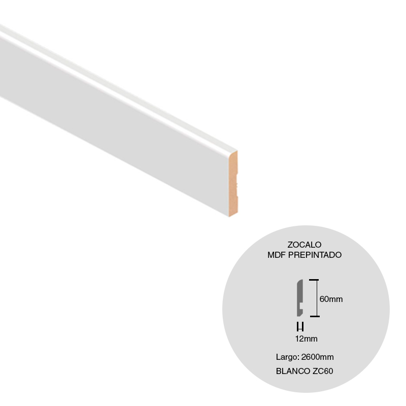 Zocalo MDF classic prepintado blanco ZC60 12mm x 60mm x 2600mm