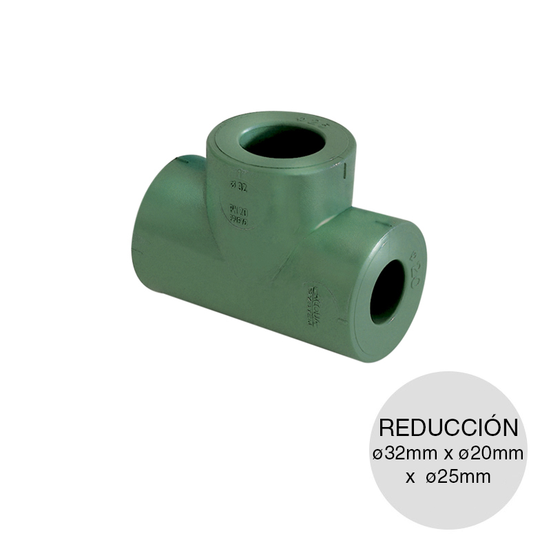 Tee reduccion extrema central agua polipropileno random thermofusion ø 32mm x ø 20mm x ø 25mm
