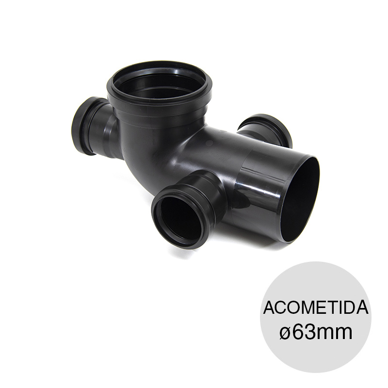 Codo tres acometidas ortogonales desagüe cloacal pluvial polipropileno union deslizante ø 110mm x ø 63mm