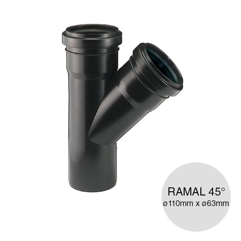 Ramal simple 45° desagüe polipropileno union deslizante ø 110mm x ø 63mm