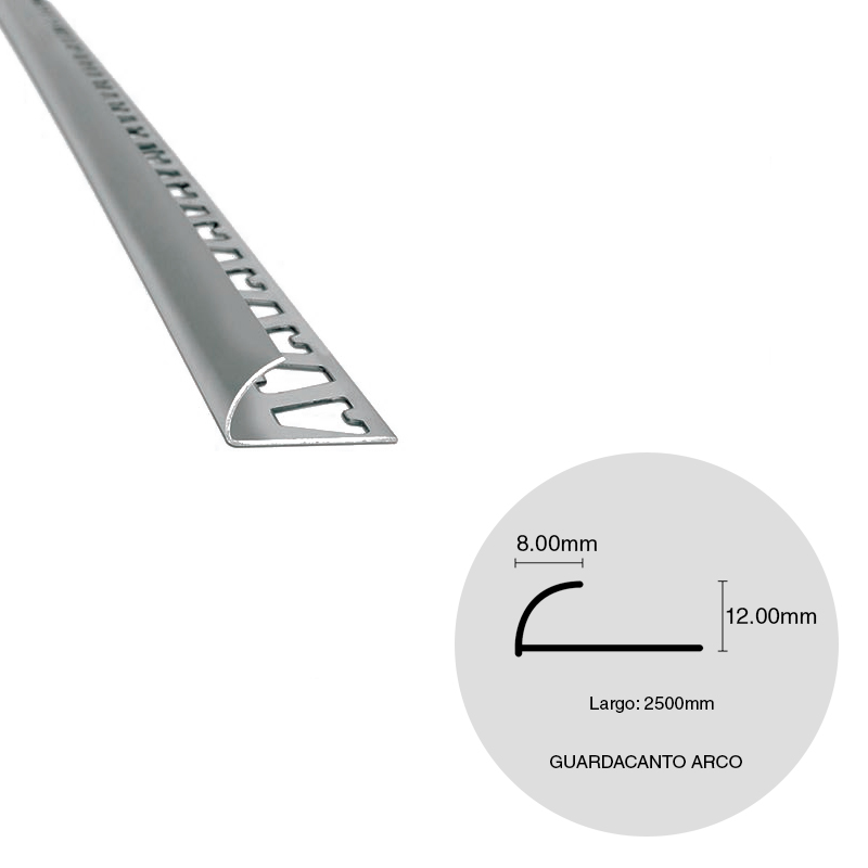 Varilla guardacanto pared aluminio arco cromo brillante 8mm x 12mm x 2500mm