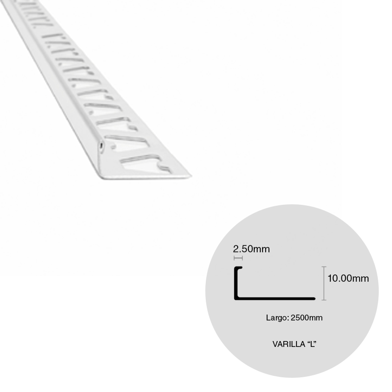 Varilla multiproposito L piso y pared acero inoxidable brillante 2.5mm x 10mm x 2500mm
