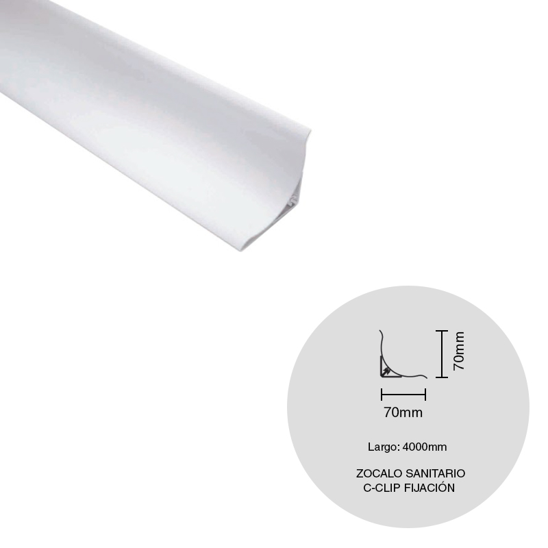 Zocalo sanitario PVC con clip fijacion blanco semi mate 4000mm