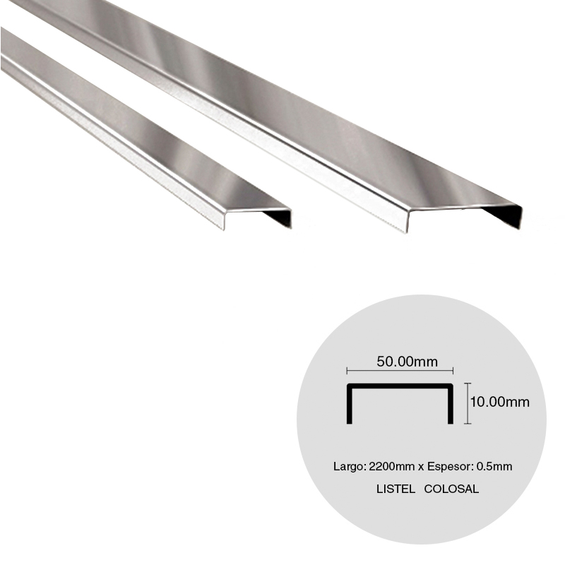 Listel pared acero inoxidable colosal brillante 0.5mm x 10mm x 50mm x 2220mm