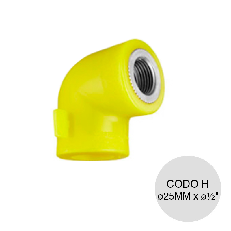 Codo 90° inserto hembra alma acero polietileno gas union thermofusion ø 25mm x ø 1/2"