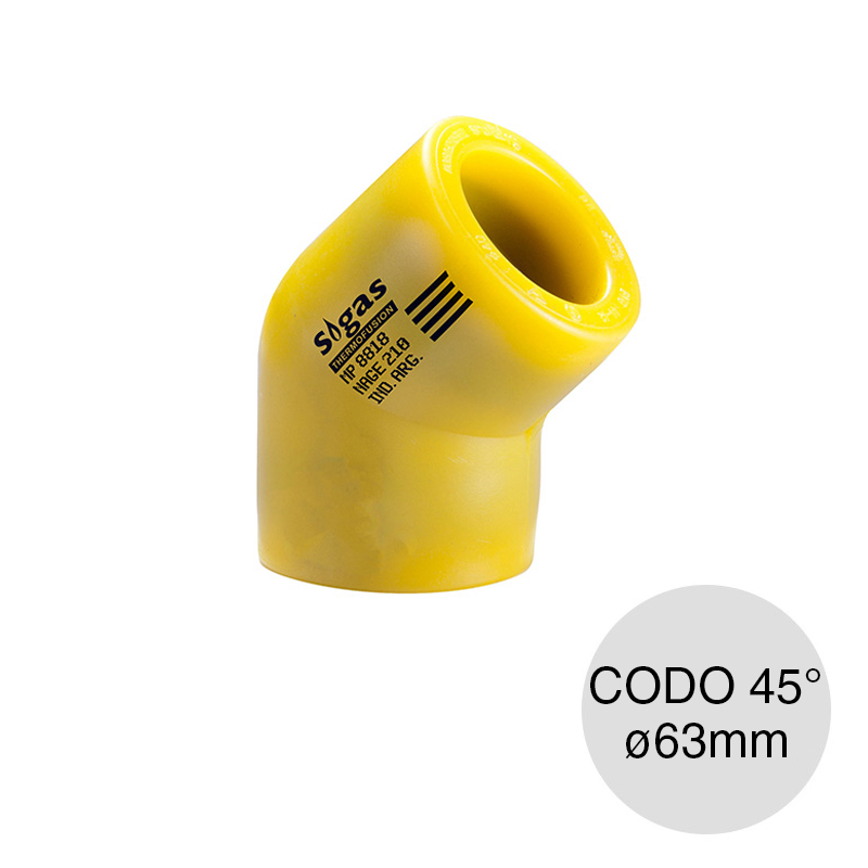 Codo 45° alma acero polietileno gas union thermofusion electrofusion ø 63mm