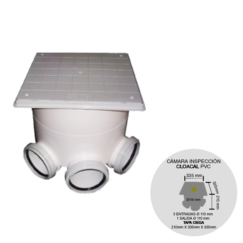 Camara inspeccion cloacal PVC Sudamerican Plast 3entradas ø 110mm 1salida ø 110mm tapa ciega 210mm x 335mm x 335mm