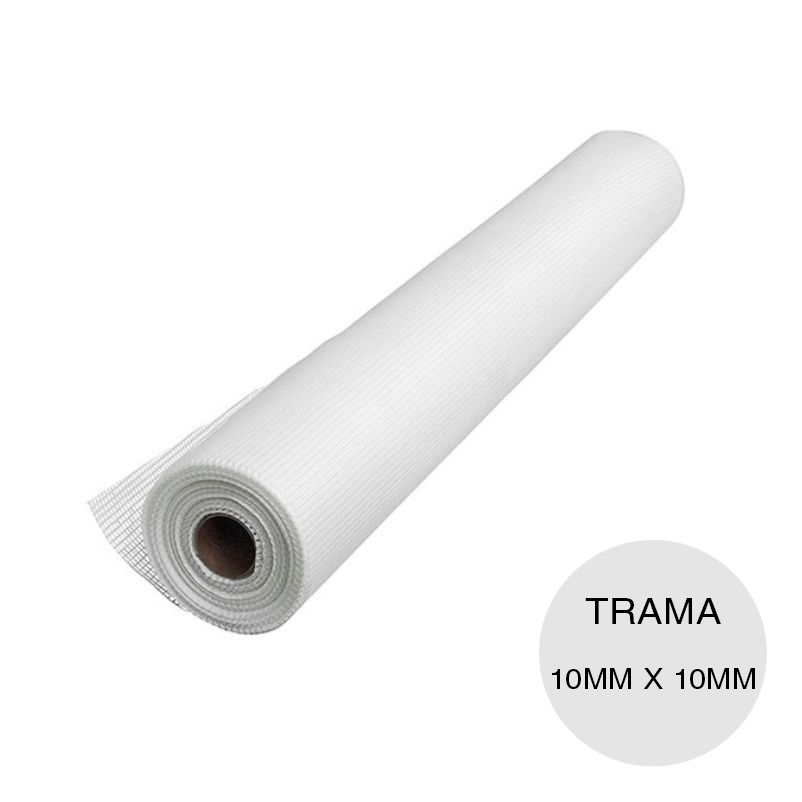 Malla fibra vidrio refuerzo revoques cementicios HCCA blanco trama 10mm x 10mm rollo x 1000mm x 50m