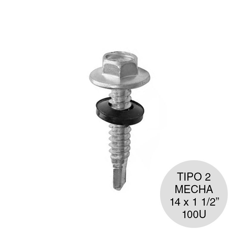 Tornillo autoperforante Tipo 2 c/arandela punta mecha hexagonal 14 x 1 1/2" pack x 100u