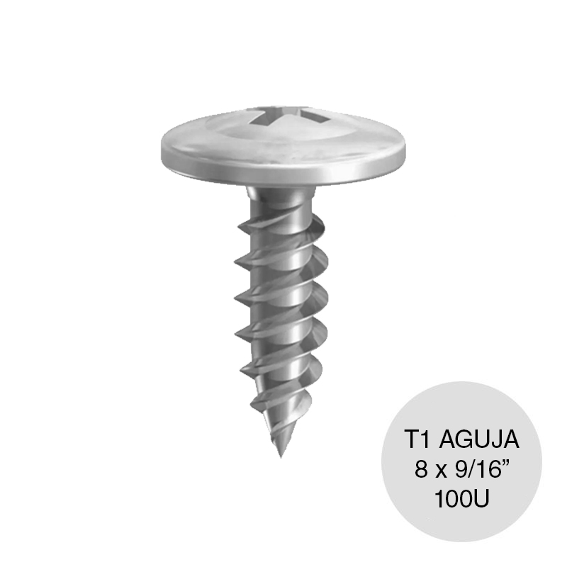 Tornillo autoperforante T1 punta aguja 8 x 9/16" pack x 100u