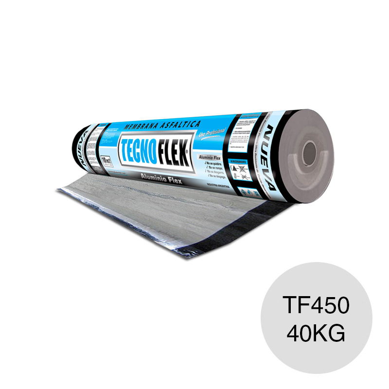 Membrana asfaltica TF450 aluminio flexible 40kg 4mm x 1m x 10m rollo x 10m²