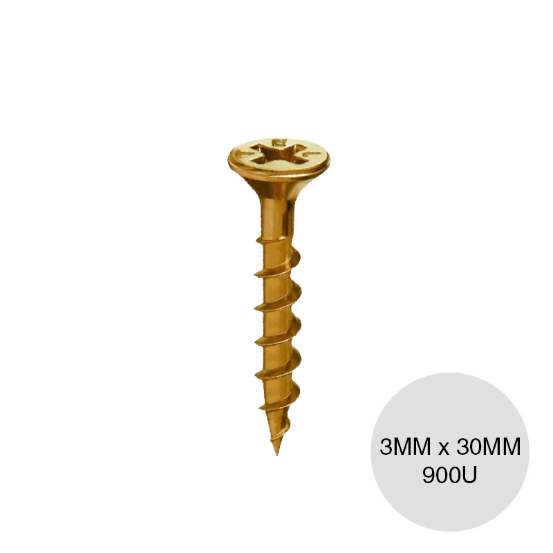 Tornillo autoperforante Tel-Chipboard madera punta aguja dorado 3mm x 30mm caja x 900u