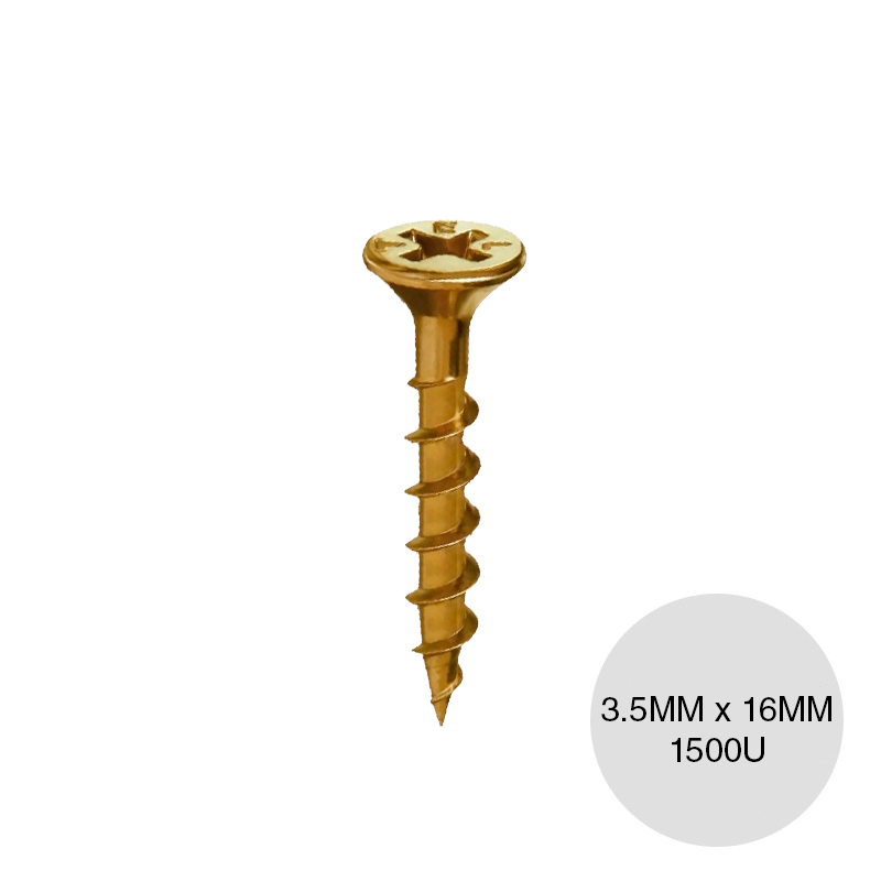 Tornillo autoperforante Tel-Chipboard madera punta aguja dorado 3.5mm x 16mm caja x 1500u