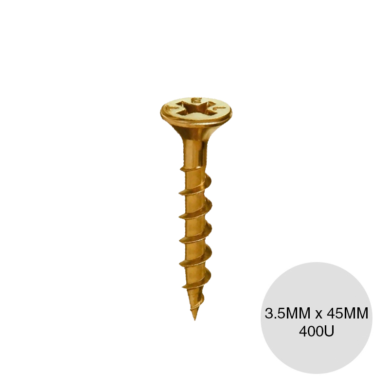 Tornillo autoperforante Tel-Chipboard madera punta aguja dorado 3.5mm x 45mm caja x 400u