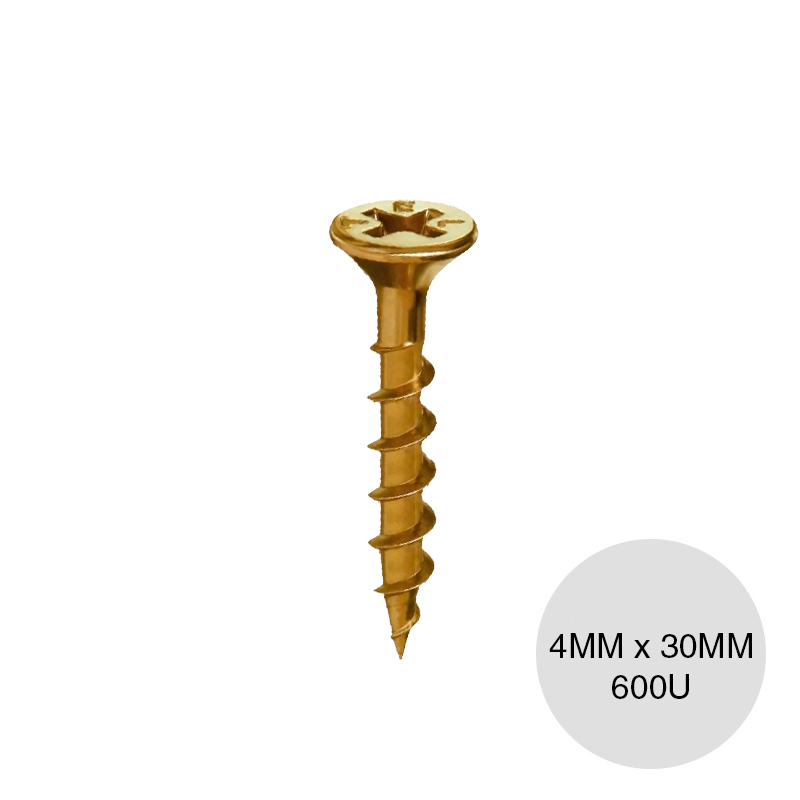 Tornillo autoperforante Tel-Chipboard madera punta aguja dorado 4mm x 30mm caja x 600u
