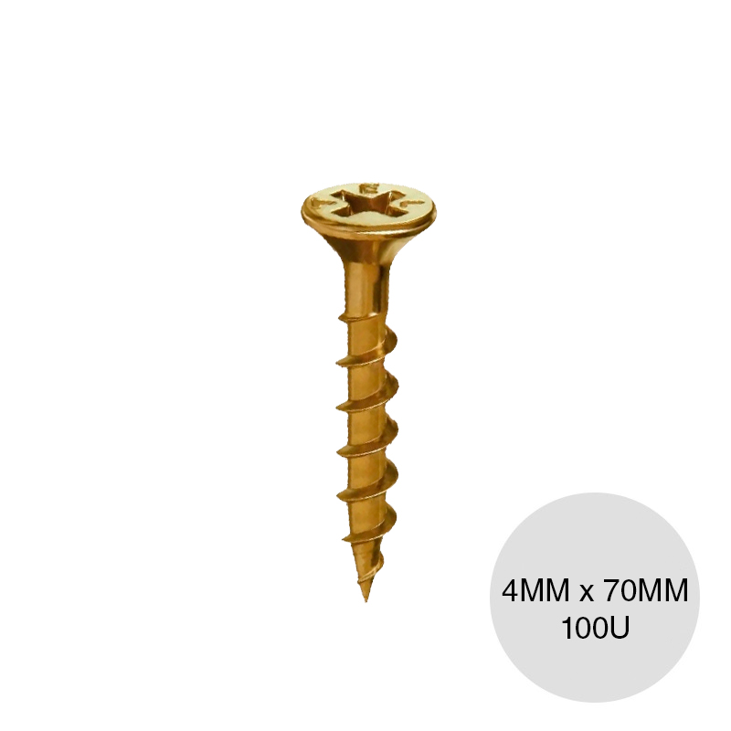 Tornillo autoperforante Tel-Chipboard madera punta aguja dorado 4mm x 70mm caja x 100u