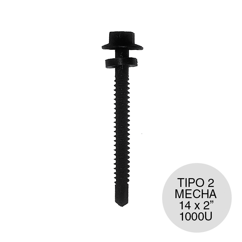 Tornillo autoperforante Tel-Hex Tipo 2 c/arandela punta mecha hexagonal 14 x 2" negro caja x 1000u