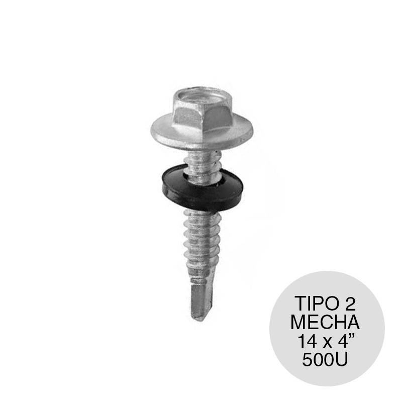 Tornillo autoperforante Tel-Hex Tipo 2 c/arandela punta mecha hexagonal 14 x 4" caja x 500u