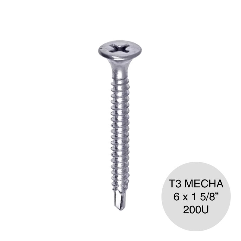 Tornillo autoperforante Tel-Dry T3 punta mecha 6 x 1 5/8" plateado caja x 200u
