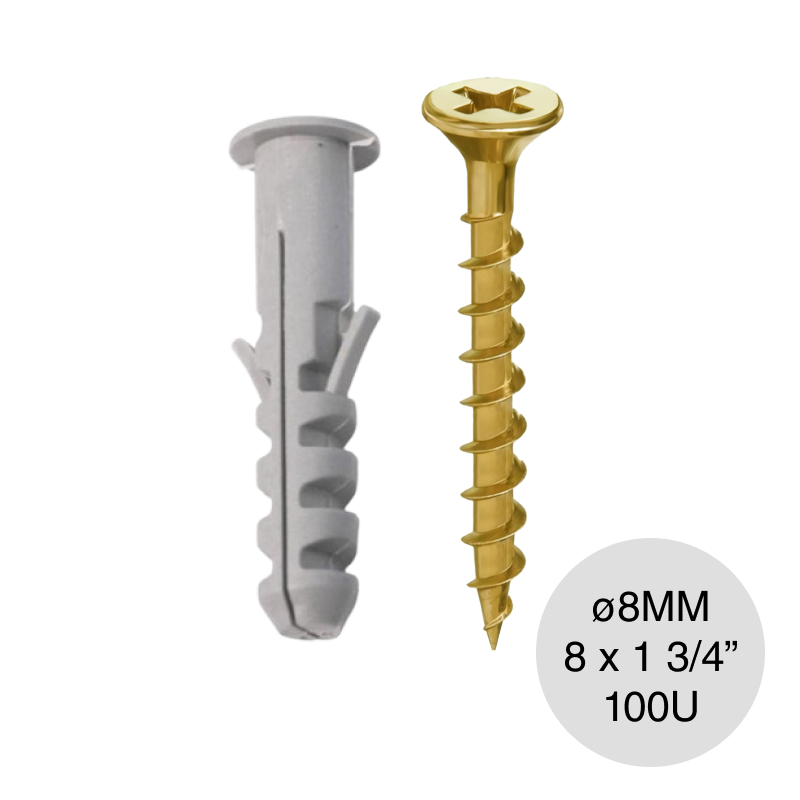 Kit fijacion tarugo nylon c/tope ø 8mm + Tornillo Tel Fix 8 x 1 3/4" dorado bolsa x 100u