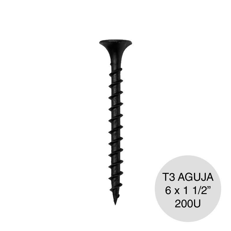 Tornillo autoperforante Tel-Dry T3 punta aguja 6 x 1 1/2" negro caja x 200u