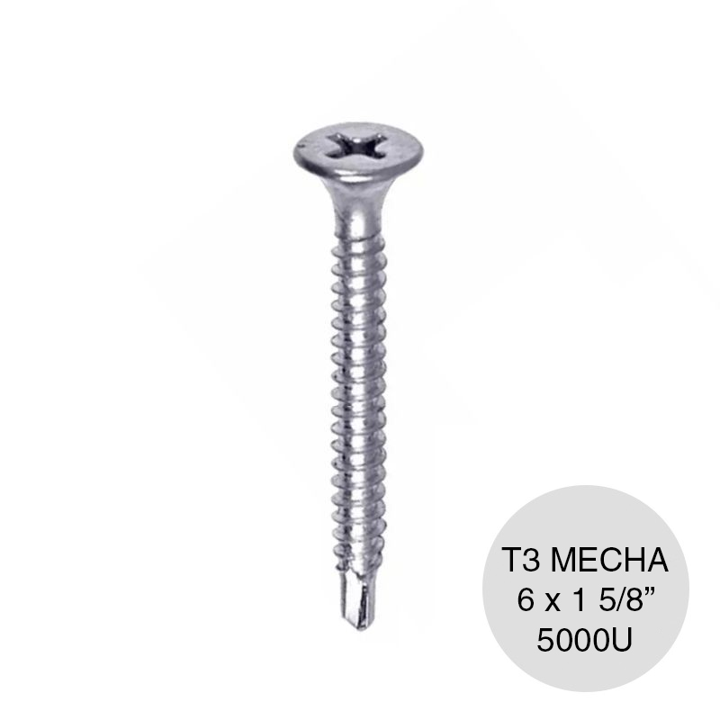 Tornillo autoperforante Tel-Dry T3 punta mecha 6 x 1 5/8" plateado caja x 5000u
