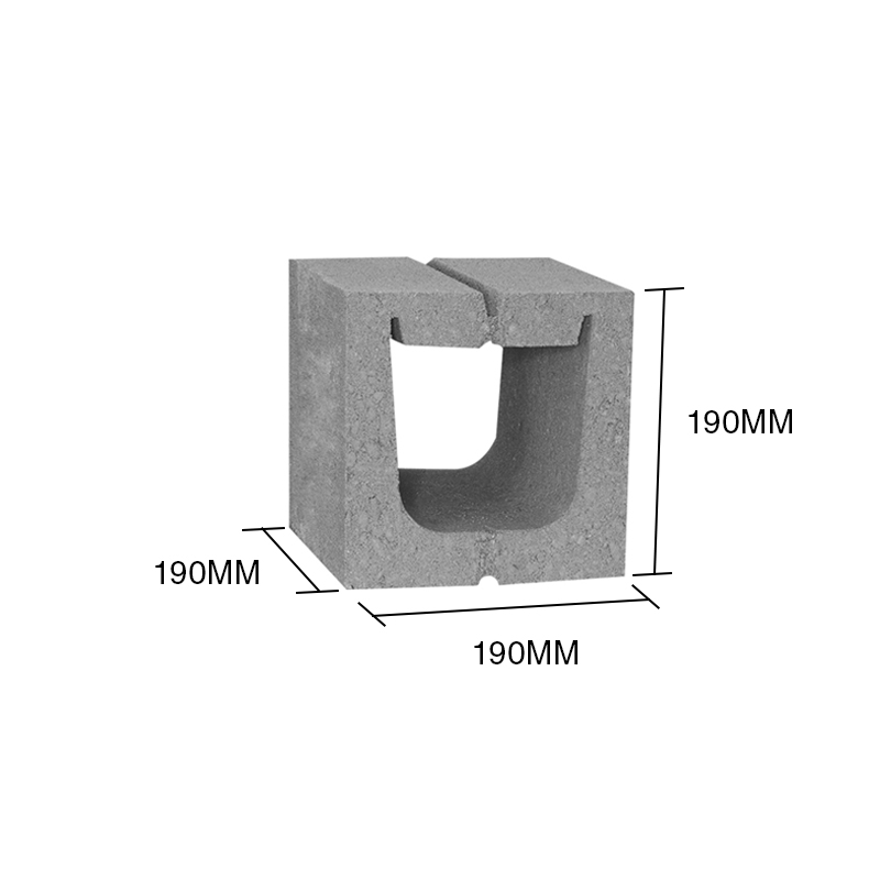 Bloque T20 mitad frente debilitado hormigon 190mm x 190mm x 190mm