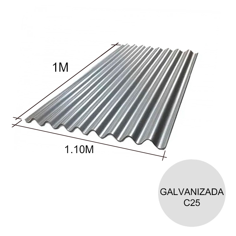 Chapa sinusoidal acanalada galvanizada techos C25 1m x 1.1m x 0.5mm