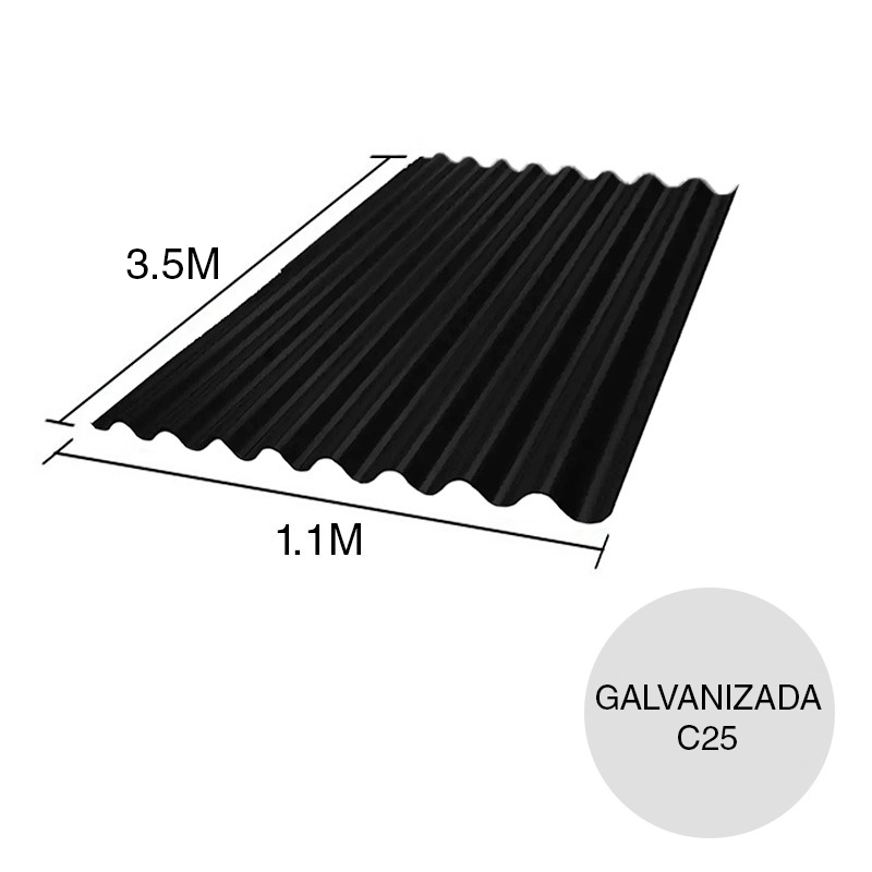 Chapa sinusoidal acanalada galvanizada C25 prepintada negro 3.5m x 1.1m x 0.5mm