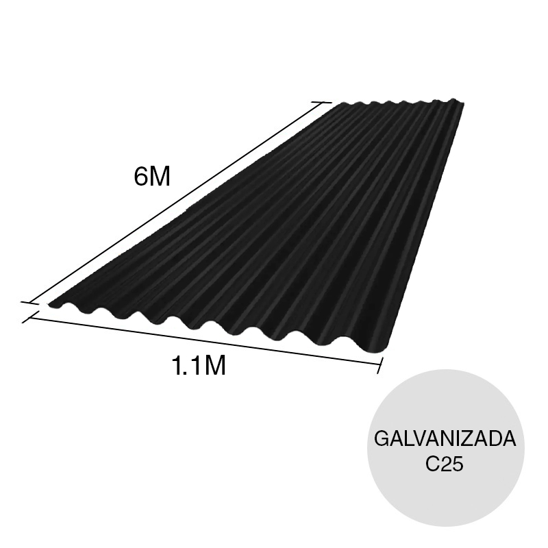 Chapa sinusoidal acanalada galvanizada C25 prepintada negro 6m x 1.1m x 0.5mm