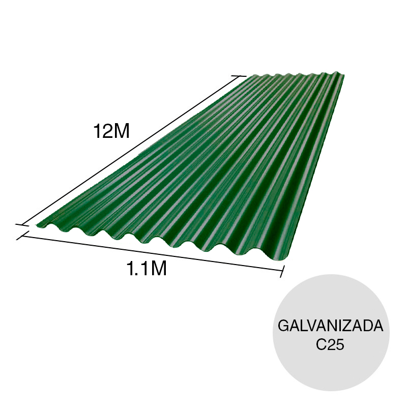 Chapa sinusoidal acanalada galvanizada techos C25 prepintada verde 12m x 1.1m x 0.5mm