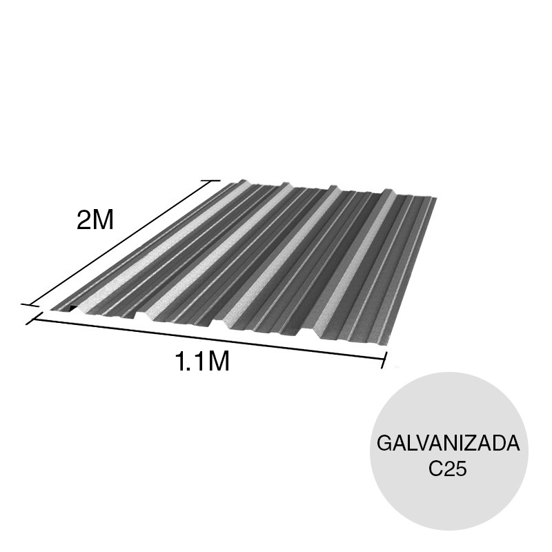Chapa trapezoidal T1010 galvanizada techos C25 2m x 1.1m x 0.5mm