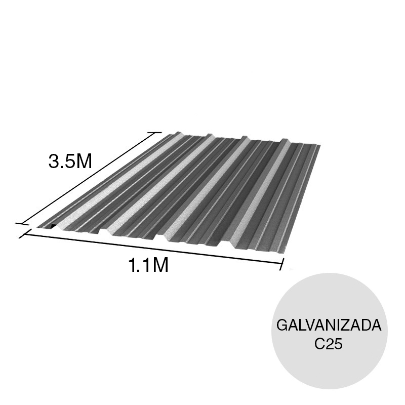 Chapa trapezoidal T1010 galvanizada techos C25 3.5m x 1.1m x 0.5mm